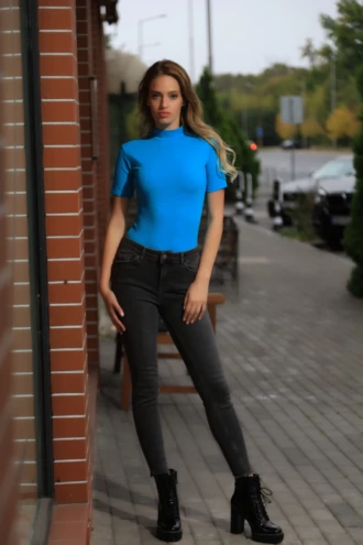 Women's cotton bodysuit with mock neck, short sleeves and thong cut, a close polo-style everyday layer.