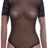 Women's lace bodysuit over sheer mesh with a mock neck and short sleeves in a close polo shape.