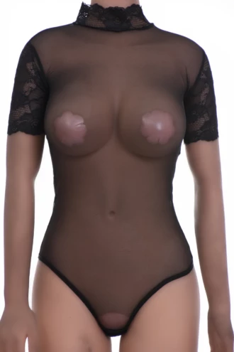 Women's lace bodysuit over sheer mesh with a mock neck and short sleeves in a close polo shape.