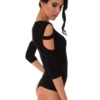 Women's long-sleeve cotton shirt bodysuit with scoop neck and thong cut, a clean everyday base.
