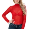 Women's mesh bodysuit with mock neck and long sleeves over a bikini cut, a fine close everyday layer.