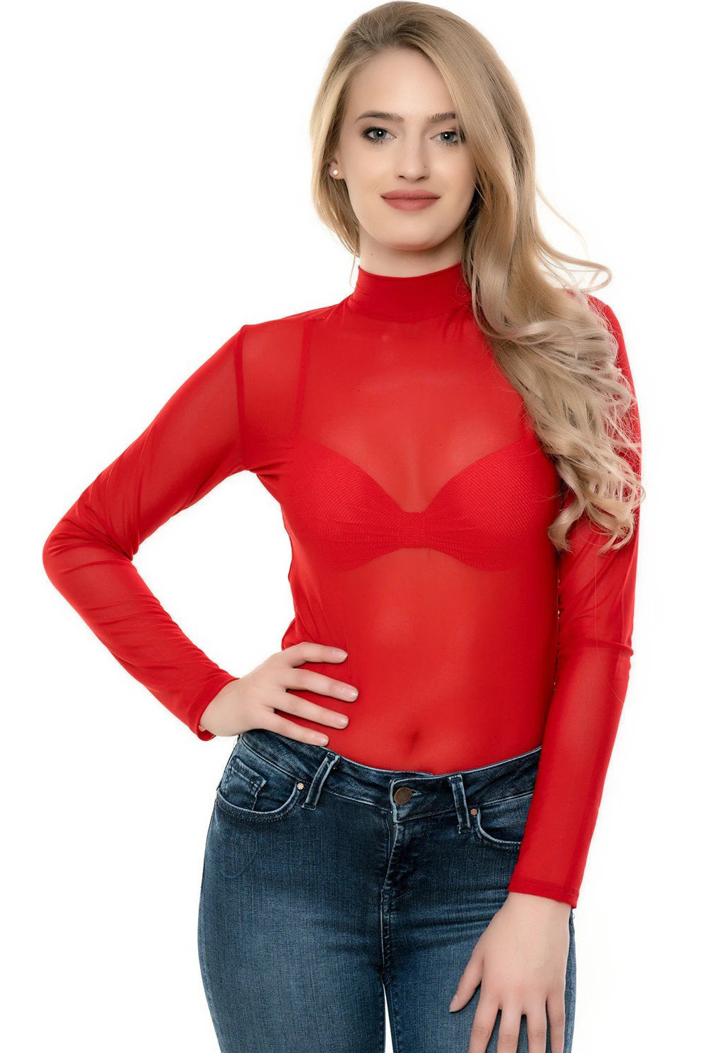 Women's mesh bodysuit with mock neck and long sleeves over a bikini cut, a fine close everyday layer.