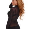 Women's mesh bodysuit with mock neck and long sleeves over a bikini cut, a fine close everyday layer.