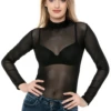 Women's mesh bodysuit with mock neck and long sleeves over a thong cut, a fine everyday close layer.