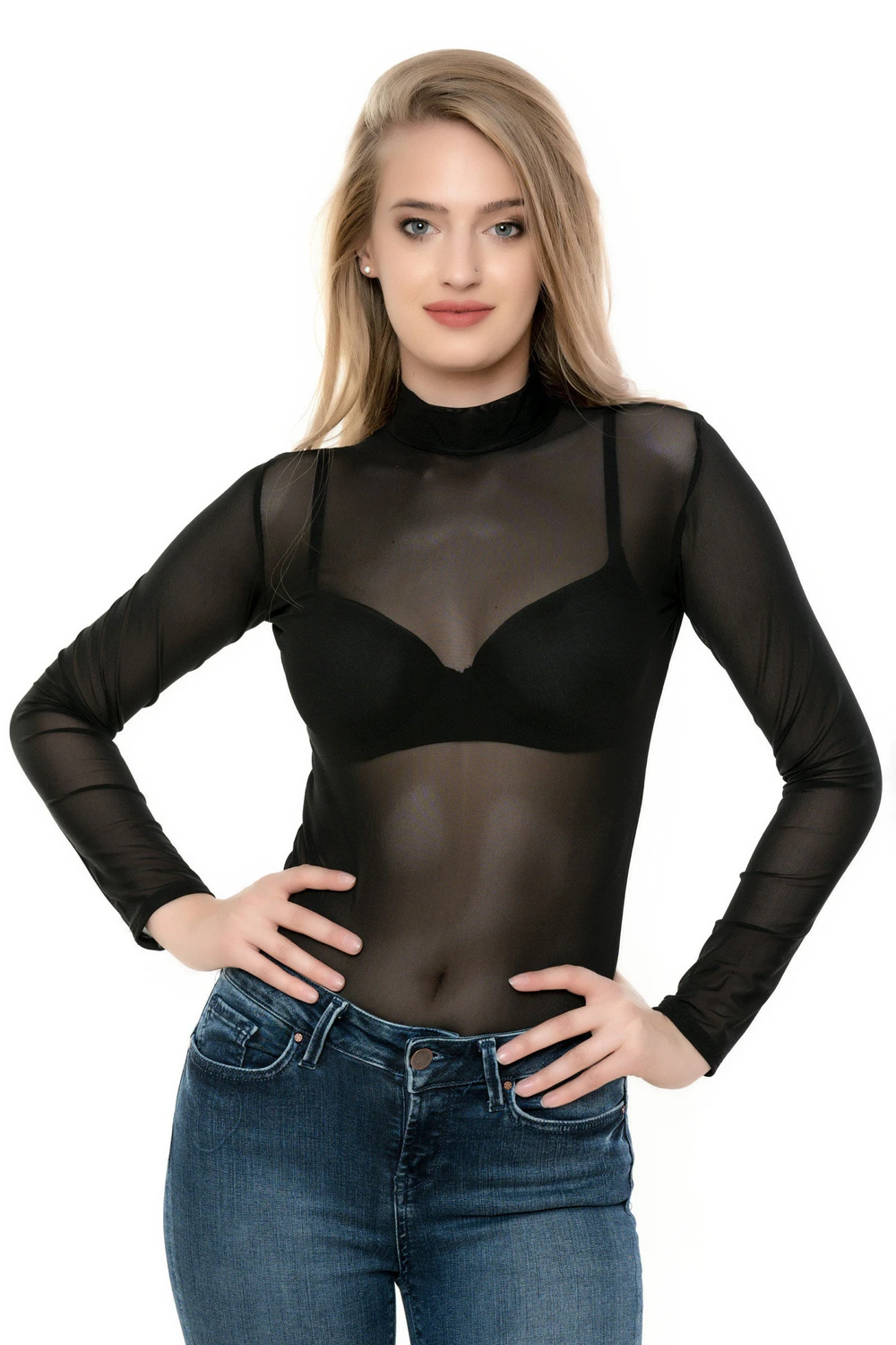 Women's mesh bodysuit with mock neck and long sleeves over a thong cut, a fine everyday close layer.