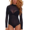 Women's mesh bodysuit with mock neck and long sleeves over a thong cut, a fine close everyday layer.