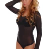 Women's mesh bodysuit with scoop neck and long sleeves over a thong cut, a fine semi-sheer everyday layer.