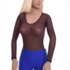 Women's mesh bodysuit with scoop neck and long sleeves over a thong cut, a fine semi-sheer everyday layer.
