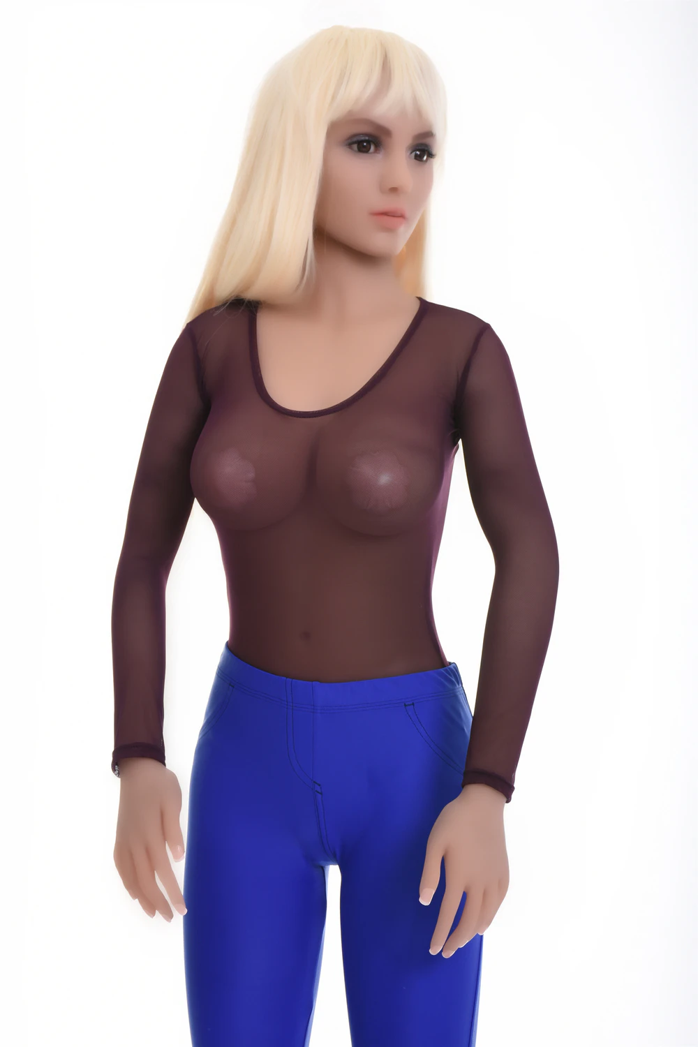 Women's mesh bodysuit with scoop neck and long sleeves over a thong cut, a fine semi-sheer everyday layer.