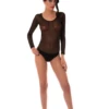 Women's mesh bodysuit with scoop neck and long sleeves over a thong cut, a fine semi-sheer everyday layer.