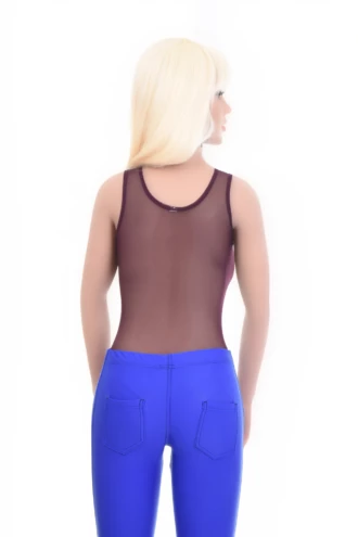Women's mesh bodysuit with scoop neck and wide straps over a thong back, a light everyday base.