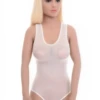 Women's mesh bodysuit with scoop neck, wide straps and thong cut, a clean lightweight everyday base.