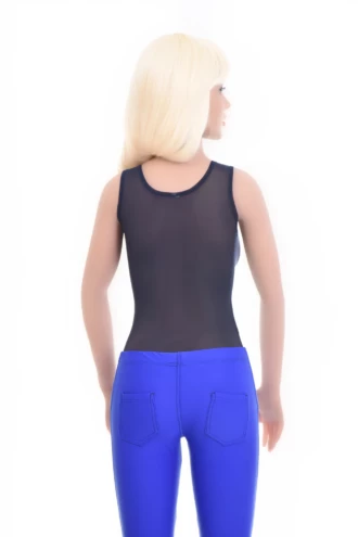 Women's mesh bodysuit with scoop neck, wide straps and thong cut, a light everyday layering base.