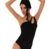 Women's sleeveless cotton bodysuit with an asymmetric one-shoulder neckline over a thong cut.
