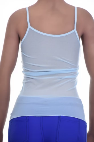 Airy mesh camisole with spaghetti straps and a scoop neckline, an open-knit warm-weather layer with a little stretch.
