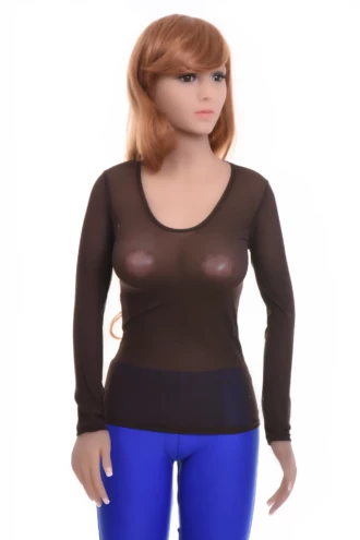 Airy scoop-neck mesh tee with a slim stretch cut and long sleeves that keep the fitted shape light.