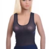 Airy mesh tank with a scoop neck and wide straps that lie flat, light and breathable to wear over a bralette.