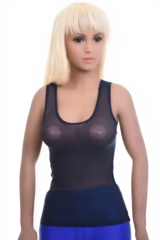 Airy mesh tank with a scoop neck and wide straps that lie flat, light and breathable to wear over a bralette.