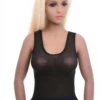 Airy mesh tank with wide straps lying flat on the shoulders, a close slim shape that follows the figure.