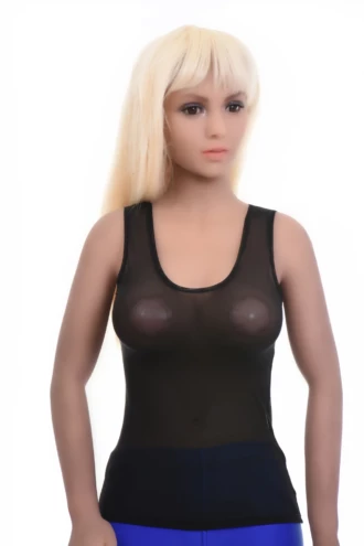 Airy mesh tank with wide straps lying flat on the shoulders, a close slim shape that follows the figure.