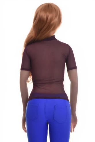 Airy open-knit mesh tee with a clean mock neck and a close slim cut that pulls on over the head.