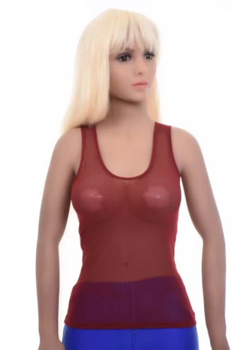 Airy textured mesh tank with a close slim fit and wide straps, breathable open-knit for warm-weather wear.