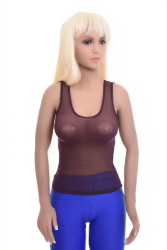 Airy textured mesh tank with a scoop neck and wide straps, light to wear over a bralette in warm weather.
