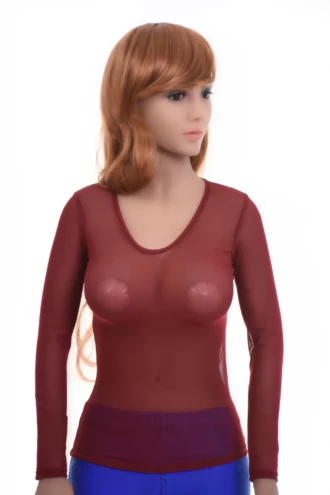 Breathable fitted mesh tee with a scoop neck and long sleeves, open-knit and light for everyday layering.