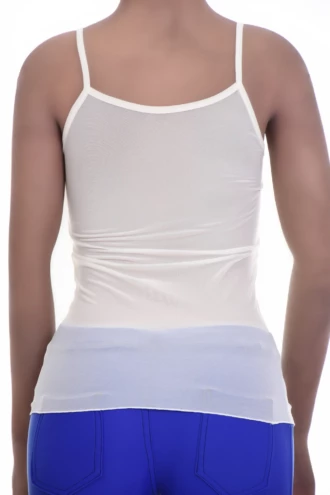 Breathable mesh camisole with fine spaghetti straps and a low scoop, an open-knit warm-weather layer with stretch.