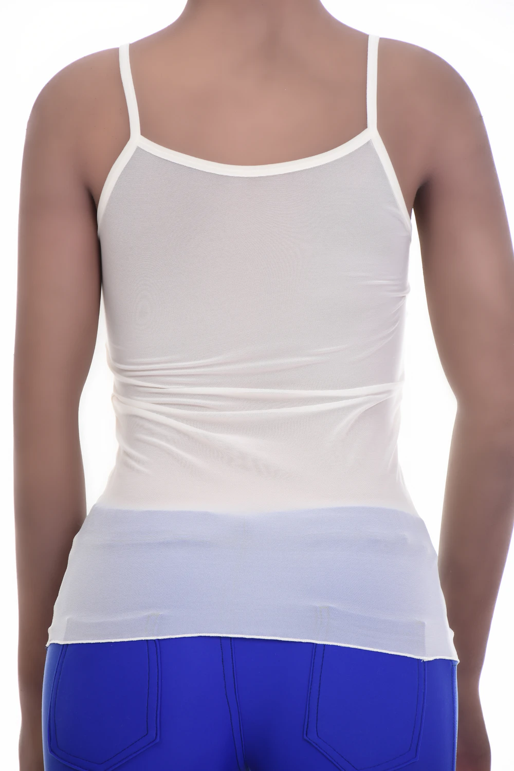 Breathable mesh camisole with fine spaghetti straps and a low scoop, an open-knit warm-weather layer with stretch.