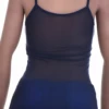 Breathable mesh camisole with delicate spaghetti straps and a low scoop, a light textured layer over a bralette.