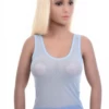 Breathable mesh scoop-neck tank with wide flat straps, light and textured to layer over a bralette or alone.