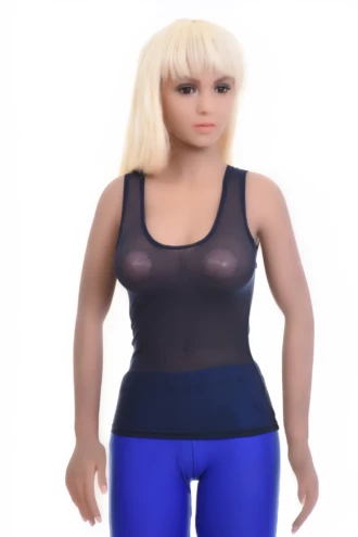 Breathable open-knit mesh tank with a low scoop and wide flat straps, light and textured for everyday wear.