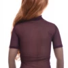 Close-fitting open-knit mesh tee with a high mock neck and short sleeves, airy for warm-weather layering.