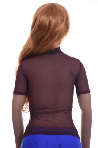 Close-fitting open-knit mesh tee with a high mock neck and short sleeves, airy for warm-weather layering.