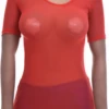Close-fitting mesh tee with short sleeves and a low scoop neckline, breathable for warm-weather layering.
