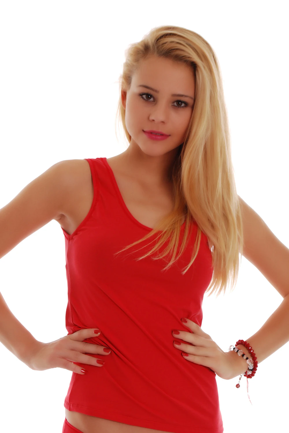 Women's cotton-blend scoop-neck tank with wide straps, a soft slim everyday layer that follows the figure.