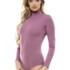 Women's long-sleeve cotton bodysuit with mock neck and bikini cut, a close polo-style cool-weather base.
