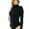 Women's long-sleeve cotton bodysuit with mock neck and bikini cut, a cosy close cool-weather base.