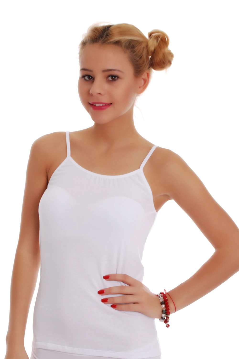 Women's cotton-blend camisole with thin spaghetti straps and a scoop neckline in a soft slim cut.