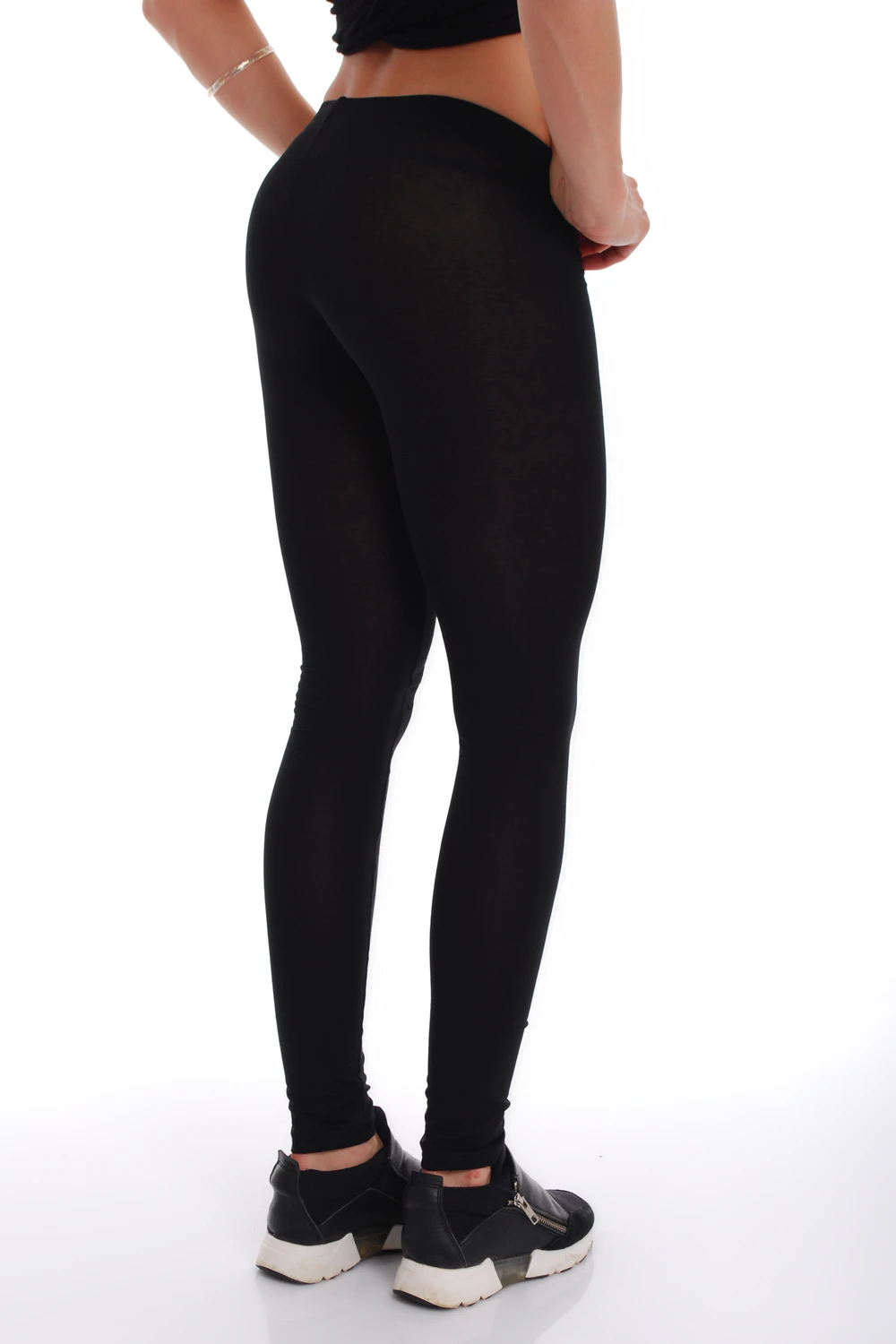 Black women's cotton leggings, full-length back view in soft breathable everyday cotton blend