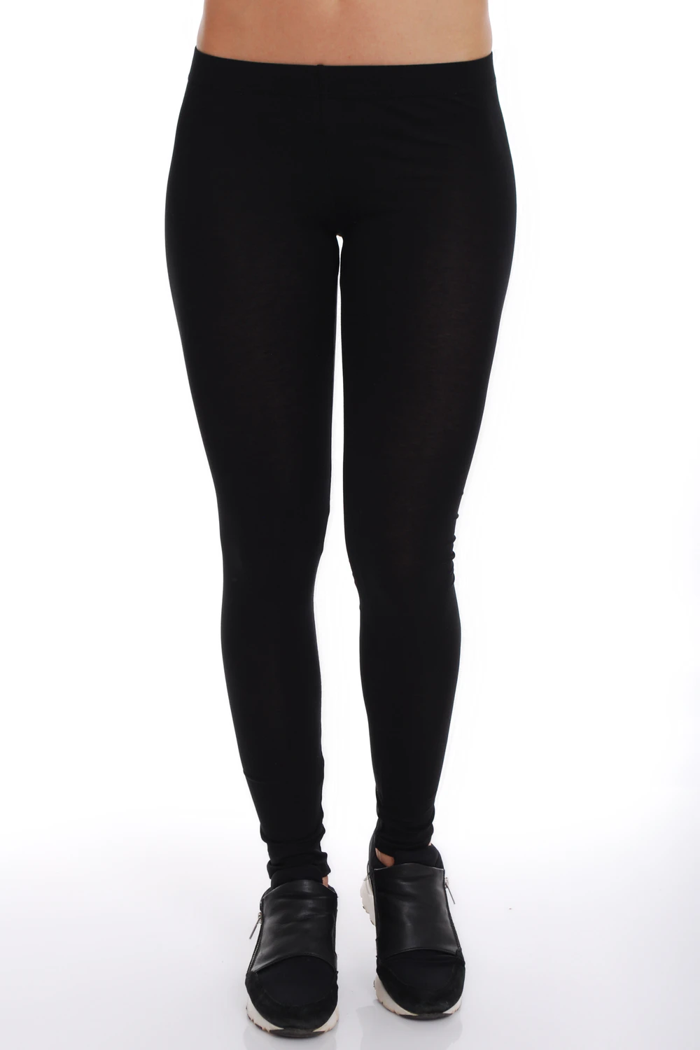 Black women's cotton leggings, full-length front view in a comfortable everyday stretch fabric