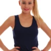Cotton tank with wide straps covering a bra strap and a low scoop, soft against the skin with a little stretch.