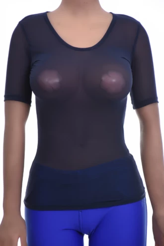 Fitted mesh short-sleeve tee with a feminine scoop neck and airy ventilated knit that follows the figure.