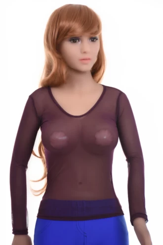 Fitted mesh tee with a scoop neckline and long sleeves, slim with a little stretch and open-knit texture.