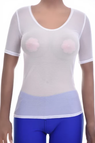 Women's fitted mesh tee with a scoop neckline and short sleeves in a close ventilated slim cut.