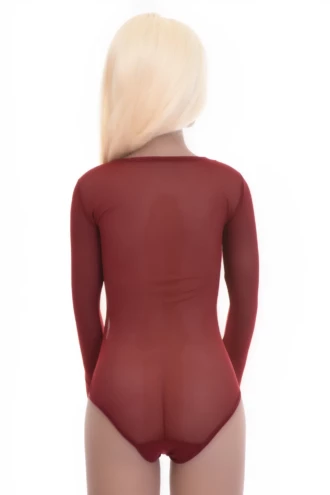 Women's mesh bodysuit with mock neck and long sleeves over a bikini cut, a fine close everyday layer.