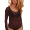 Women's mesh bodysuit with scoop neck and long sleeves over a thong cut, a fine semi-sheer everyday layer.