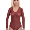 Women's mesh bodysuit with scoop neck and long sleeves over a thong cut, a fine semi-sheer everyday layer.