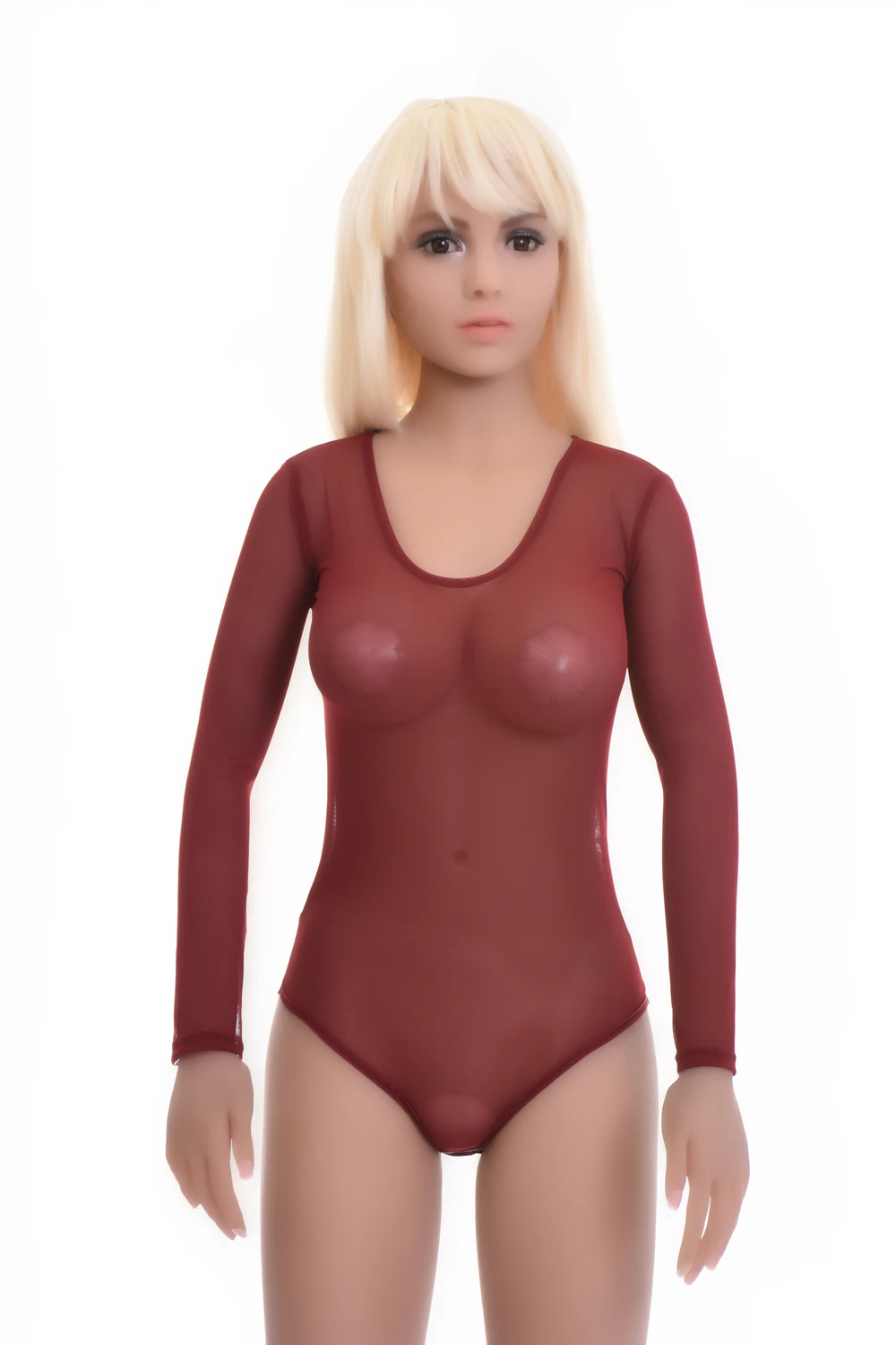 Women's mesh bodysuit with scoop neck and long sleeves over a thong cut, a fine semi-sheer everyday layer.